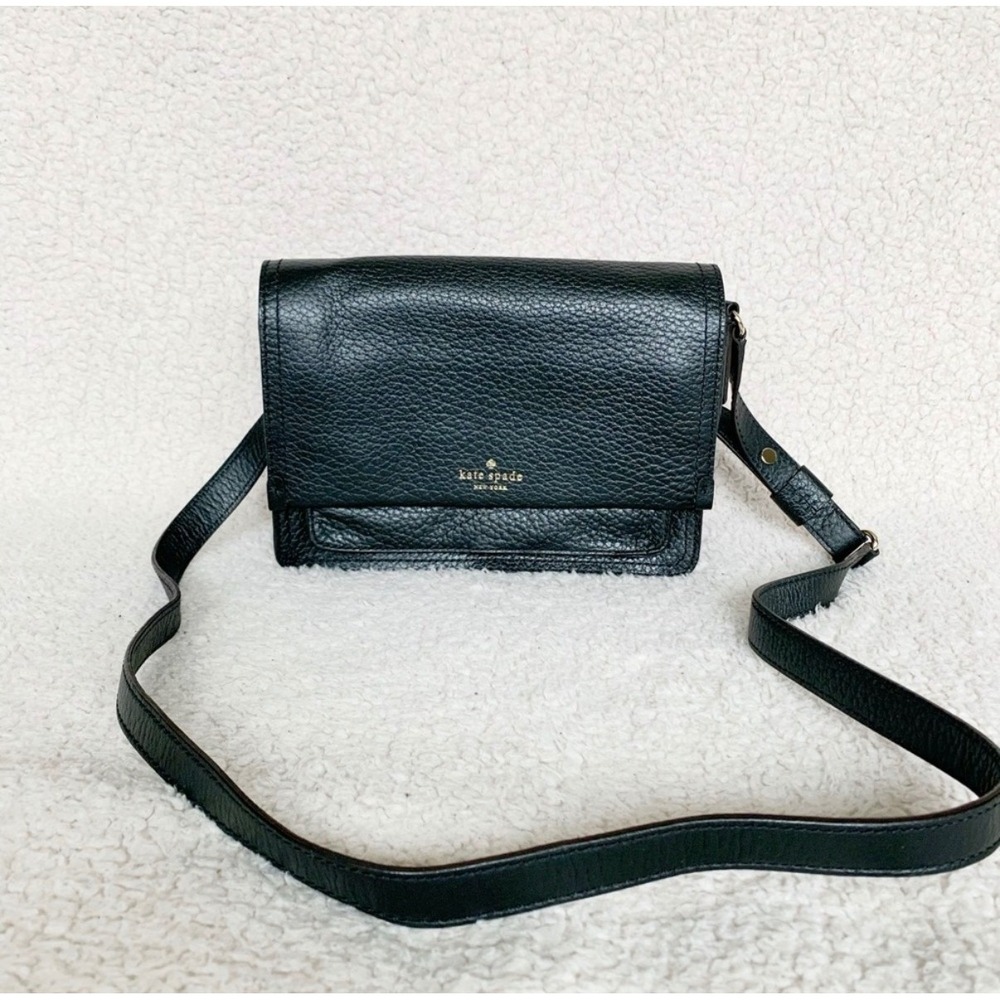 Kate Spade New‎ York Black Pebbled Leather Crossbody Bag Polka Dot Lining Flap
